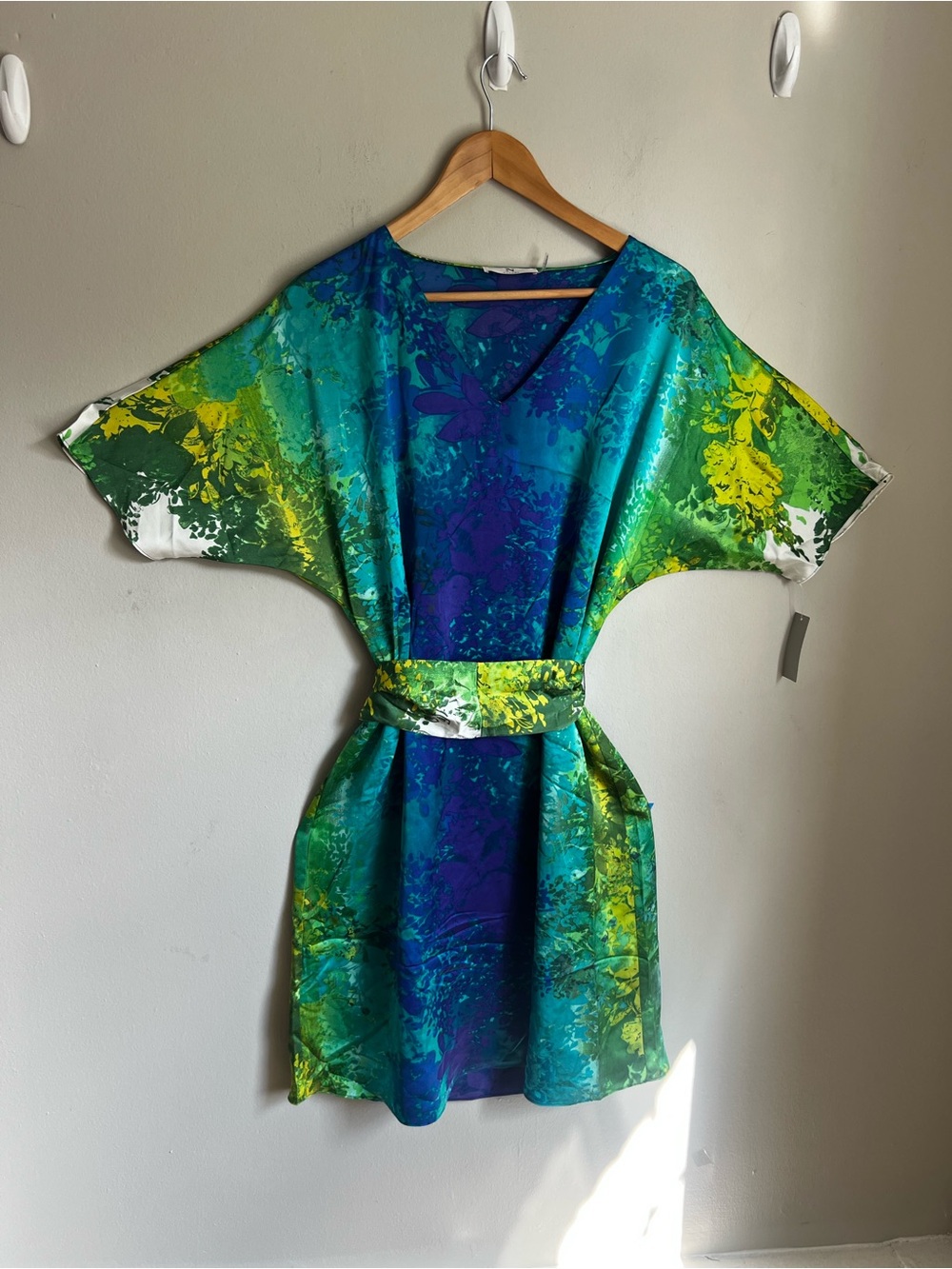 Natori Teal, Blue and Yellow Floral Mini Dress with Belt